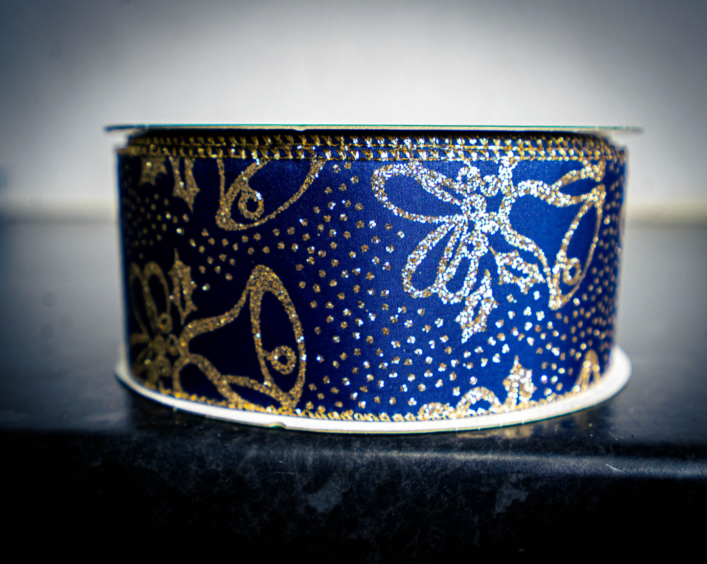 Gold and Navy Christmas Bell Ribbon