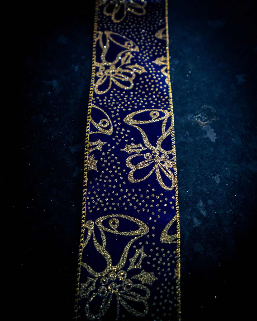 Gold and Navy Christmas Bell Ribbon