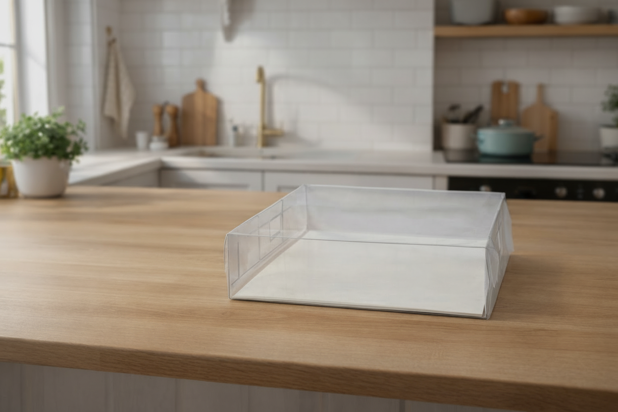 Clear plastic tray on a wooden kitchen counter with a blurred kitchen background